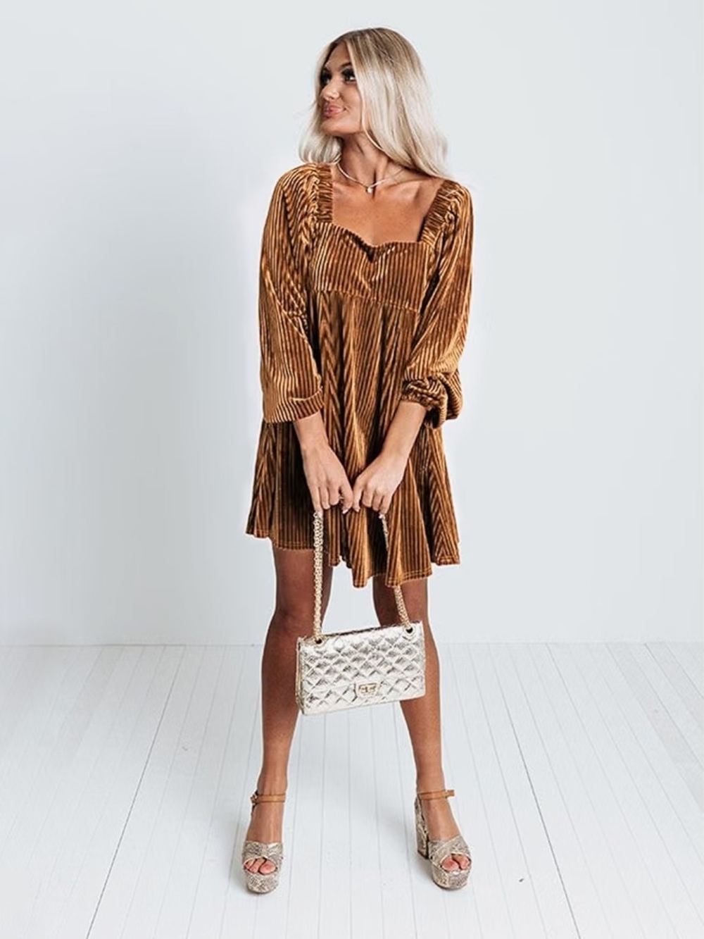 NWT miduo Womens Square Neck Long Sleeve Velvet Babydoll Dresses Mini Dress